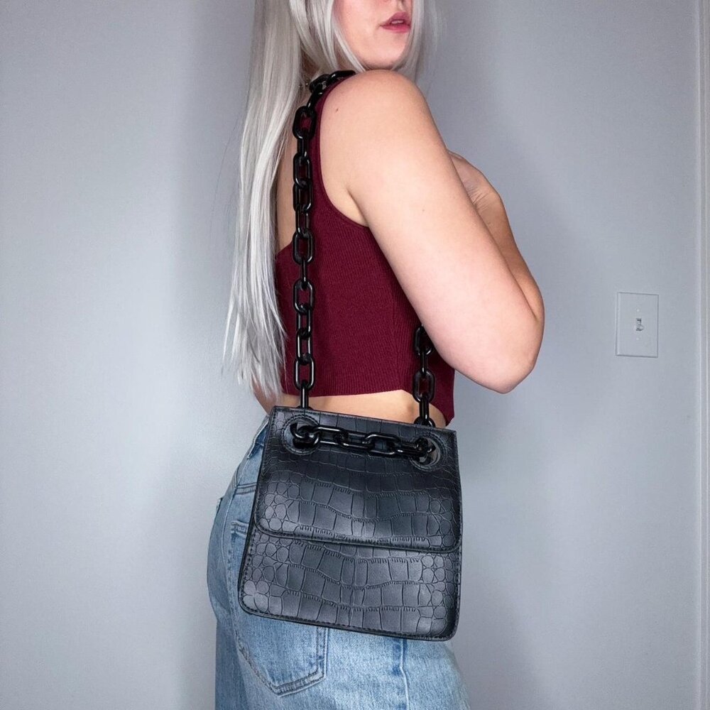 Black Snake Skin Textured Bag with Chain Link Strap